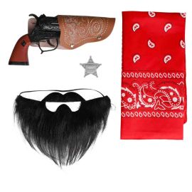 Cowboy Kit – Revolver, Bandana, Hylster, Sherifstjerne og Skæg
