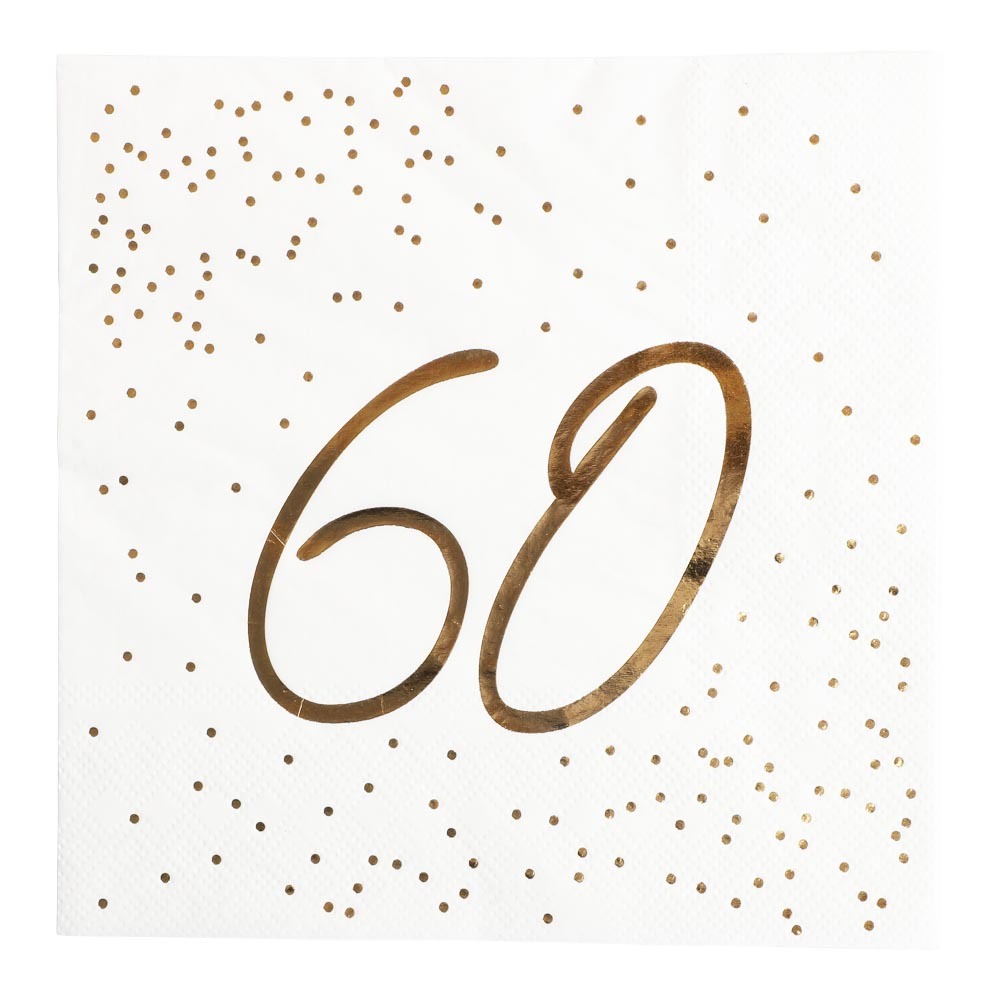60 års fødselsdag servietter 16 stk. - Hvid/guld