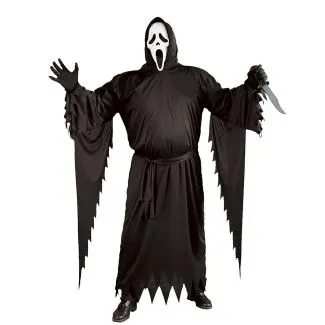 Officielt Ghost Face Scream kostume Plus Size XXL/3XL med sort kappe, hætte og hvid maske