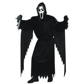 Officielt Ghost Face Scream kostume til voksne med sort kåbe, hætte og hvid maske