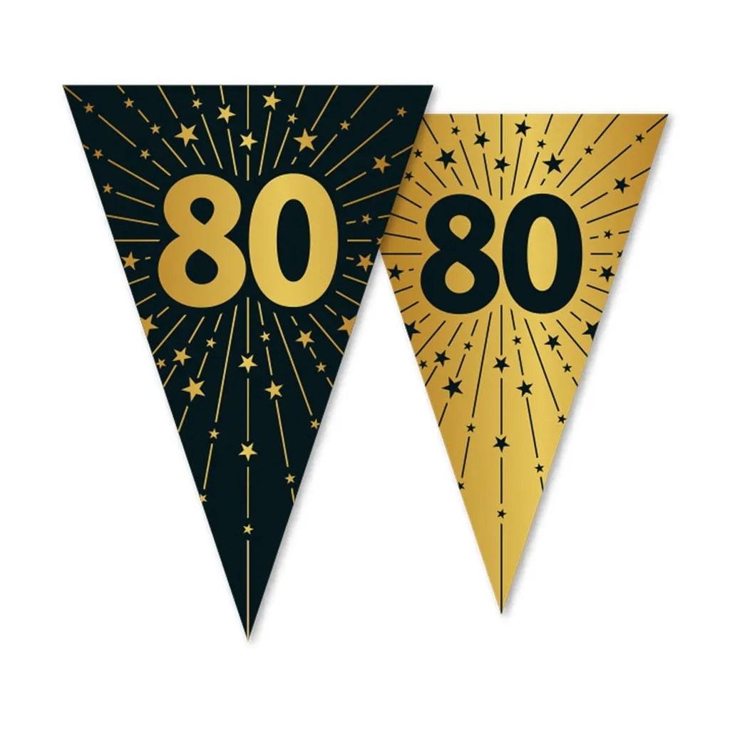 80 års fødselsdag vimpelbanner i sort og guld, 10 meter langt med dobbeltsidet print
