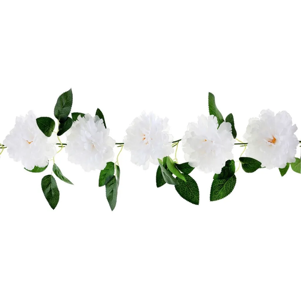 Blomsterguirlande 140 cm med 11 hvide kunstige pæoner og grønne blade til bryllup og fest