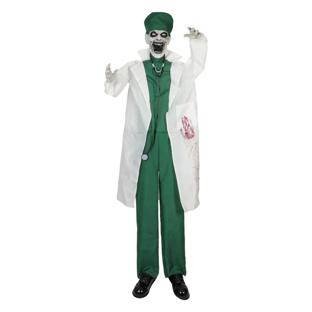 Stående animeret Halloween-doktor på 180 cm med bevægelse, lys i øjnene og uhyggelige lyde