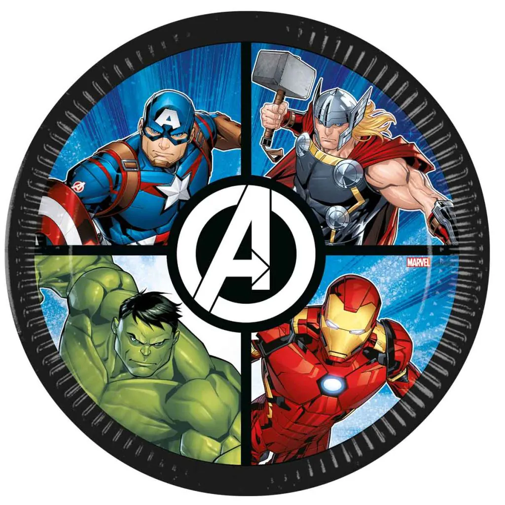 Avengers paptallerkner med Iron Man, Hulk, Thor og Captain America.