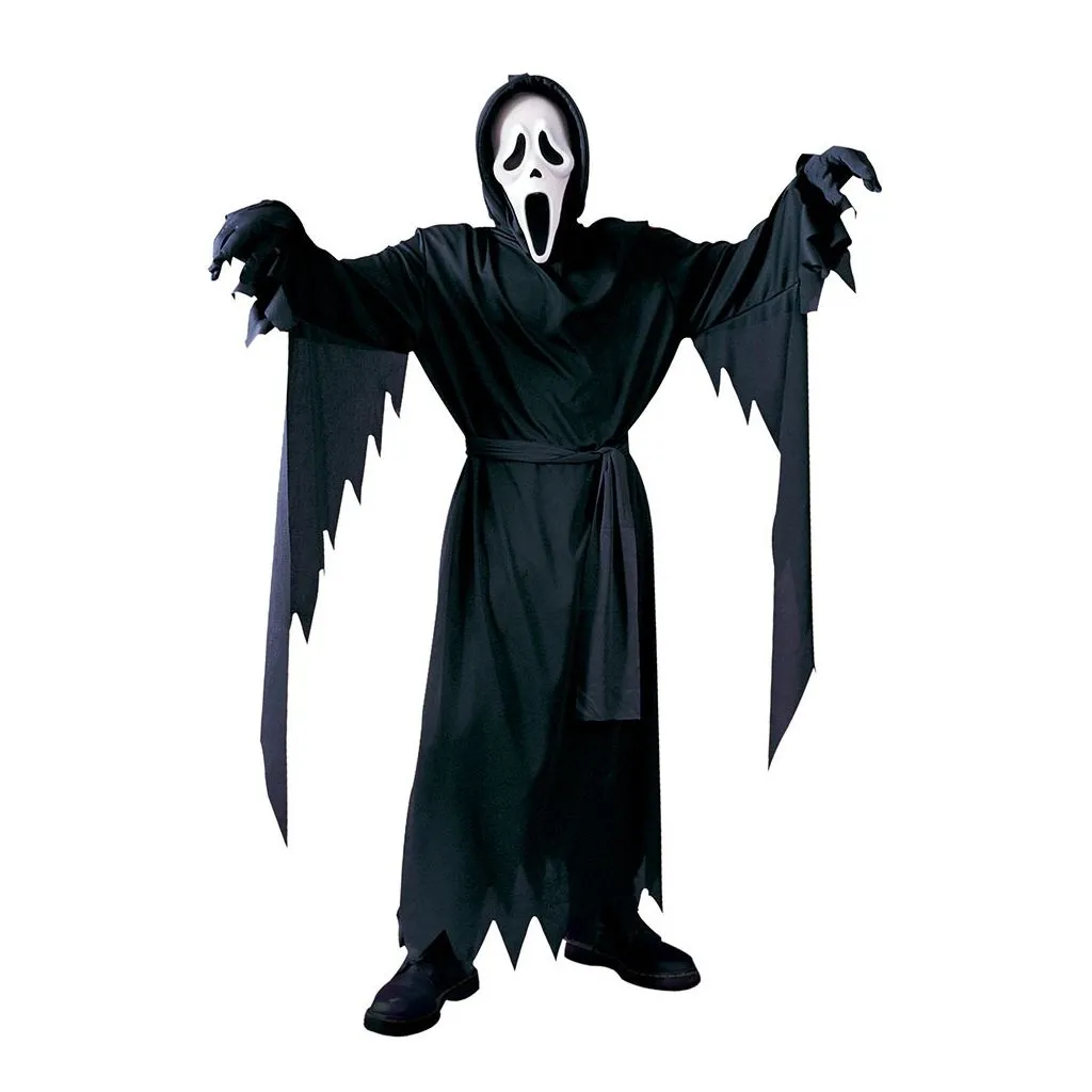 Officielt Ghost Face kostume til børn 8-12 år med hvid maske og sort kappe
