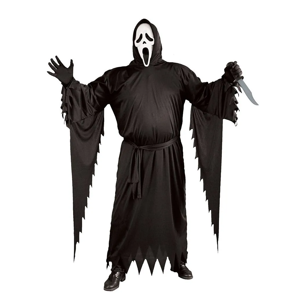 Officielt Ghost Face Scream kostume Plus Size XXL/3XL med sort kappe, hætte og hvid maske