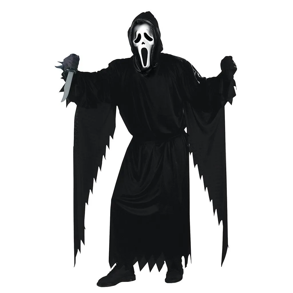 Officielt Ghost Face Scream kostume til voksne med sort kåbe, hætte og hvid maske