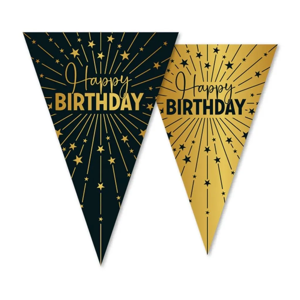 Happy Birthday vimpel banner i sort og guld med dobbeltsidet print 10 meter til fødselsdag og rund fødselsdag