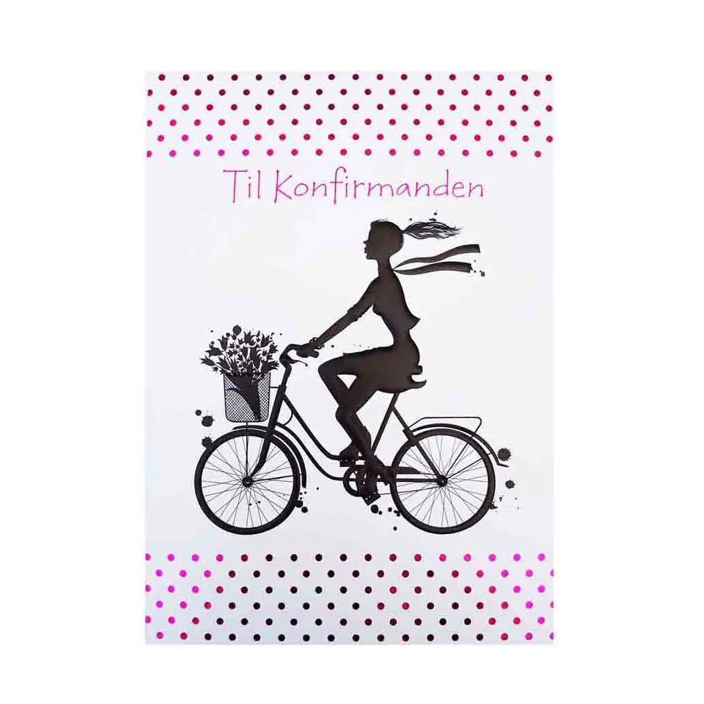 Kort til konfirmation - Pige på cykel - Til penge