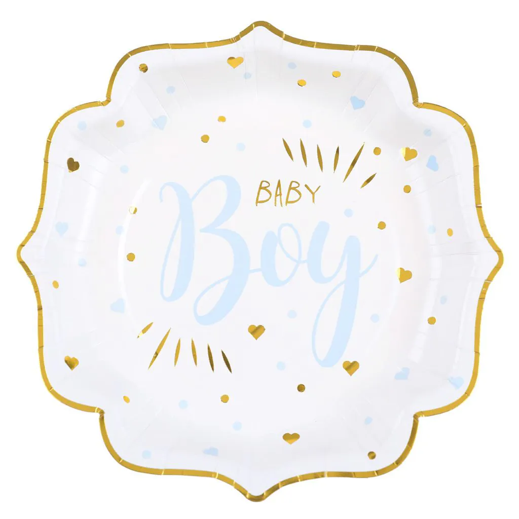 Baby Boy paptallerkner i lyseblå, guld og hvid til babyshower og dåb