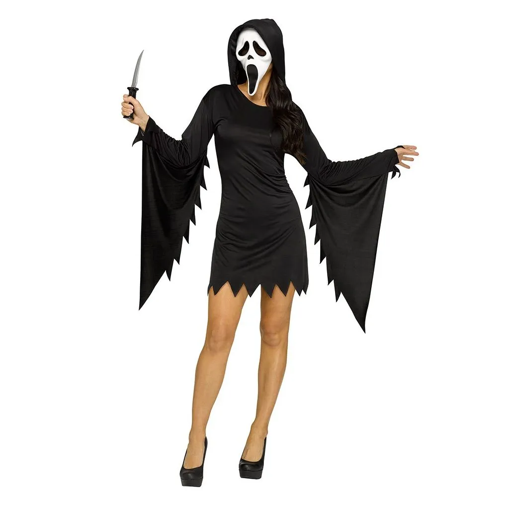 Ghost Face kostume til damer med sort kjole, hætte og hvid Scream maske
