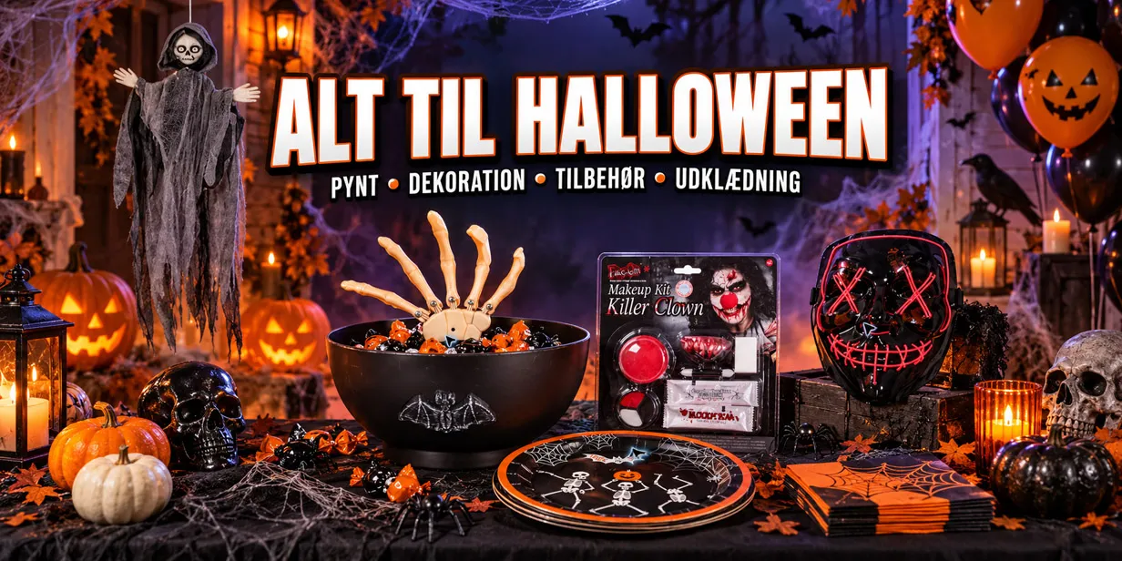 Halloween pynt og udklædning til børn og voksne